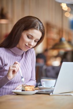 Güzel esmer kafede dizüstü bilgisayar kullanarak. Blogger iş kavramı