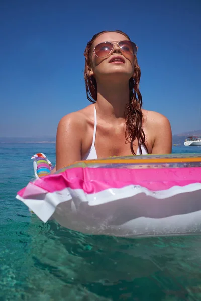 Happy Woman Bikini Lying Air Bed Sea Ocean — Stock Photo, Image