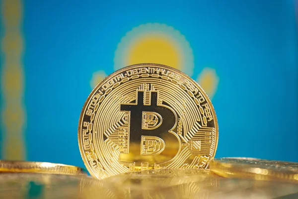 Bitcoin Neues Virtuelles Geld Und Kasachstan Flagge Konzeptionelles Image Für — Stockfoto