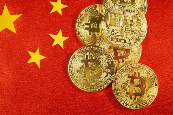 Golden Bitcoin Chinese Flag Background — Stock Photo, Image