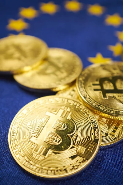 Bitcoin Coins Background European Union Flag — Stock Photo, Image