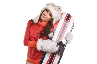 bir snowboard Studio ile güzel bir seksi kadın