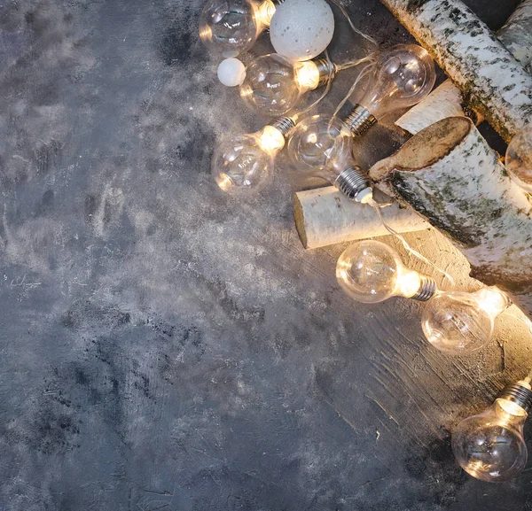 Fond de Noël avec arbre en bois et décor. Vue supérieure avec flic — Photo