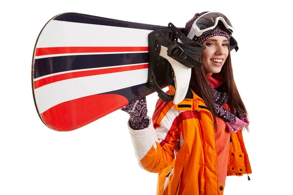 Femme debout avec snowboard isolé sur blanc — Photo