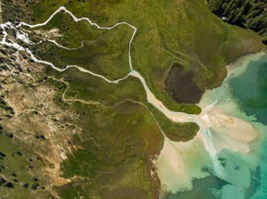 İsviçre alp dağlarında mavi su gölü, güneşli, yaz mevsimi