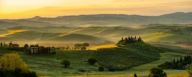 Tuscany - manzara panorama, tepeler ve çayır, Toscana - İtalya