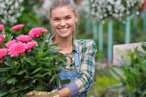 Kukkakaupat nainen työskentelee kukkia kasvihuoneessa. — kuvapankkivalokuva