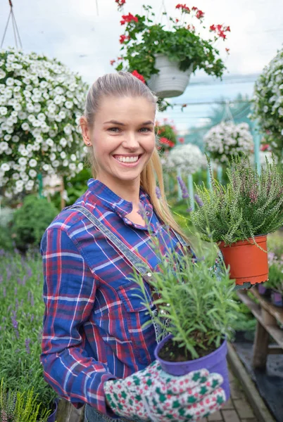 Mujer feliz jardinero elegir maceta con anturios en gar — Foto de Stock