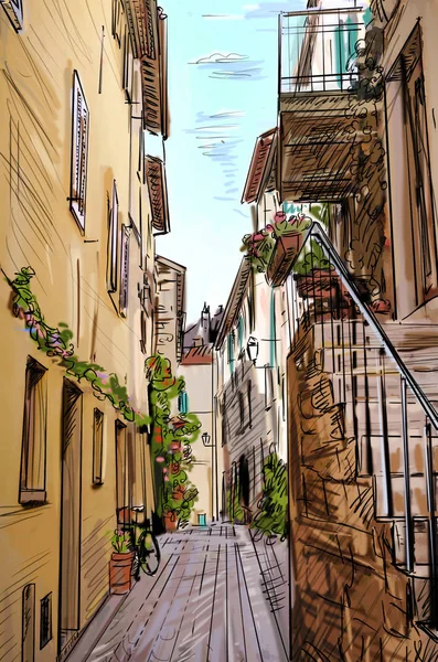 Oude gebouwen in typisch middeleeuwse Italiaanse stad - illustratie — Stockfoto