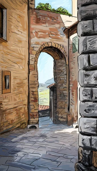 Old Buildings In Typical Medieval Italian City - illustration — 스톡 사진