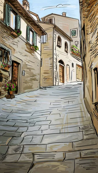 Gamla byggnader i typiska medeltida italienska staden - illustration — Stockfoto