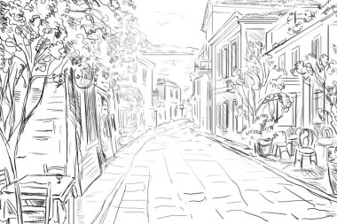 Yunan şehrine çizim - çizim çizimi 