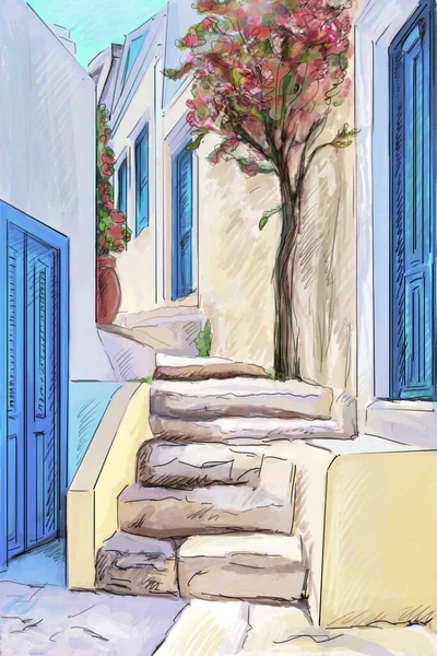 Drawing to the greek town - illustration — Stock Photo, Image