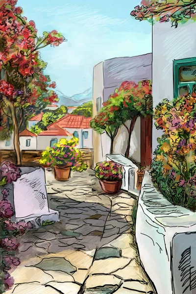 Drawing to the greek town - illustration — Stock Photo, Image