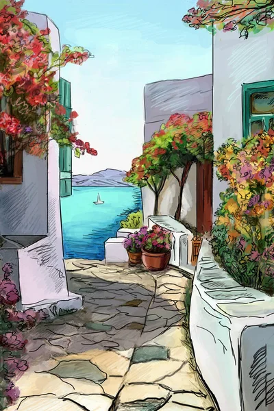Рисование в греческий город - иллюстрация — стоковое фото