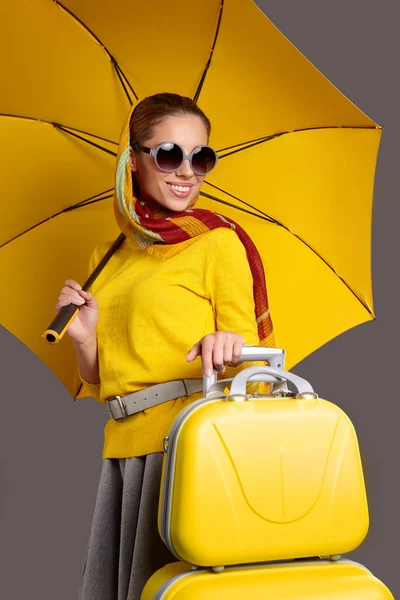 Portrait Young Woman Wearing Shawl Standing Yellow Travel Bag — Stock Photo, Image