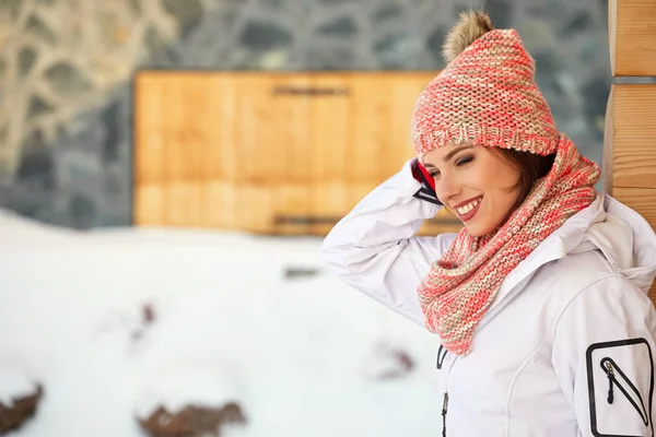 Winter Leisure Sport People Concept Happy Young Woman Ski Cothes — Stock Photo, Image