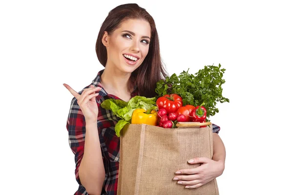 Isolerad Kvinna Med Shopping Väska Full Med Grönsaker — Stockfoto