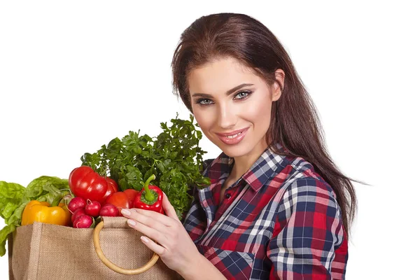 Isolerad Kvinna Med Shopping Väska Full Med Grönsaker — Stockfoto