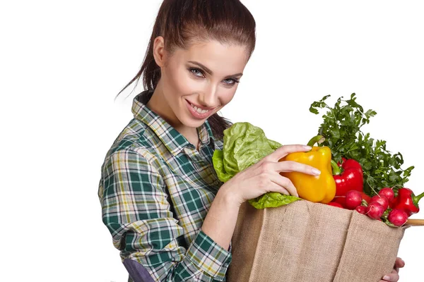 Mulher Isolada Segurando Saco Compras Cheio Vegetais — Fotografia de Stock