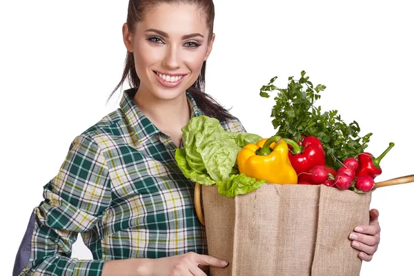 Mujer Aislada Sosteniendo Una Bolsa Llena Verduras —  Fotos de Stock