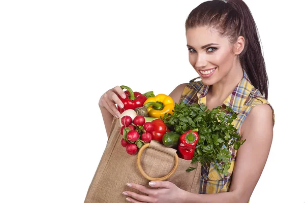 Isolerad Kvinna Med Shopping Väska Full Med Grönsaker — Stockfoto