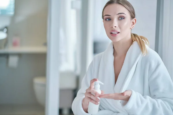 Hand Sanitizing Woman Bathrobe Disinfects Hands Virus Protection — Stock Photo, Image