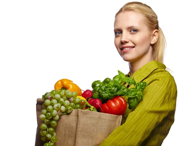 Mujer Sosteniendo Bolsa Compras Papel Supermercado Llena Verduras Frescas Dieta —  Fotos de Stock