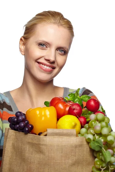 Mujer Sosteniendo Bolsa Compras Papel Supermercado Llena Verduras Frescas Dieta — Foto de Stock