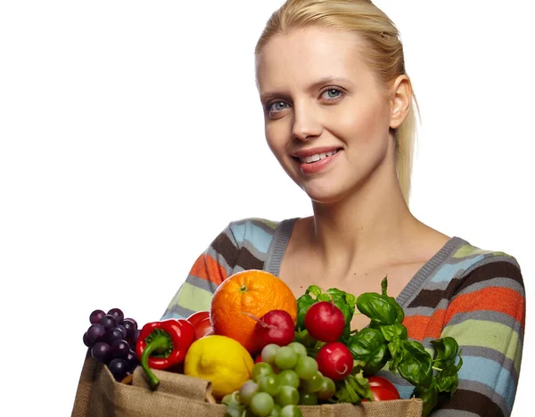 Mujer Sosteniendo Bolsa Compras Papel Supermercado Llena Verduras Frescas Dieta — Foto de Stock