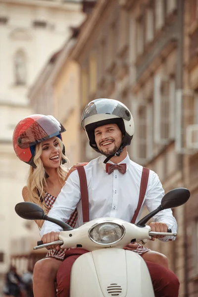 Young Beautiful Hipster Couple Riding Motorbike City Street Summer Europe — Stock Photo, Image