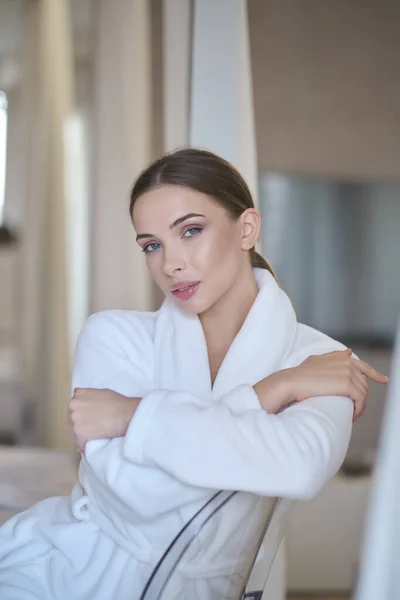 Woman Resting Bathrobe Home — Stock Photo, Image