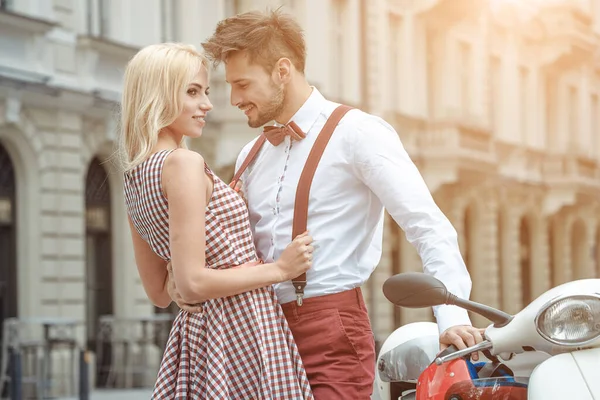 Summer Europe Vacation Date Romance Happy Attractive Couple Charming Blonde — Stock Photo, Image