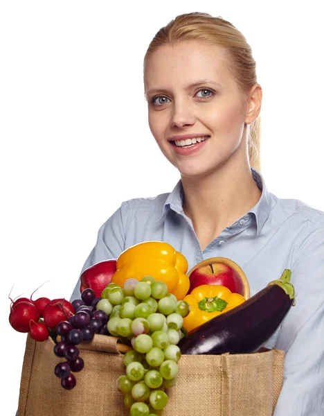 Frau Hält Einkaufstasche Voller Frischem Gemüse Der Hand Ernährungskonzept Gesunde — Stockfoto