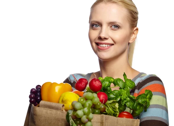 Woman Holding Grocery Paper Shopping Bag Full Fresh Vegetables Diet — Stock Photo, Image