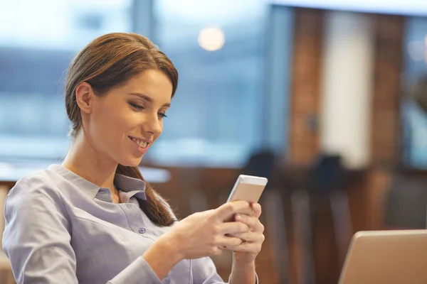 Woman Use Laptop Huge Loft Studio Student Researching Process Work — Stock Photo, Image