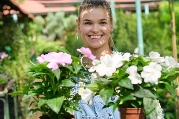 素敵な幸せな若い女性の庭師は ガーデンセンターでアンスリウムと花の鍋を選択 — ストック写真