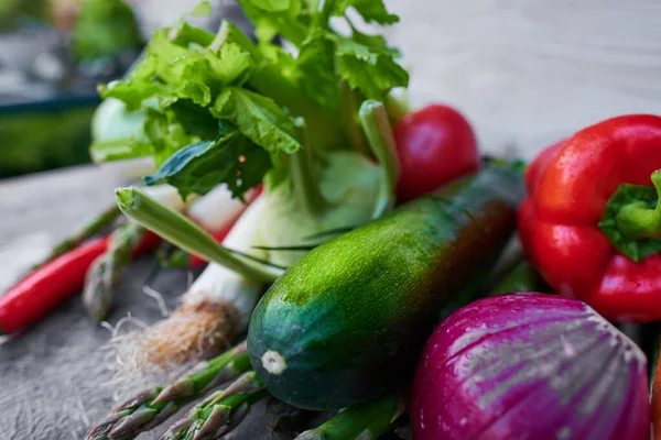 Verduras Frescas Crudas Sobre Fondo Rústico Concepto Alimentación Saludable Vitaminas — Foto de Stock