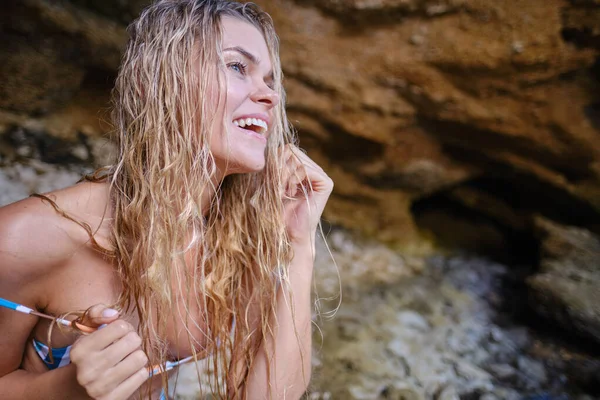 Summer girl on the beach. Young beautiful woman in bikini on the beach on Adriatic Sea . vacation after corona virus