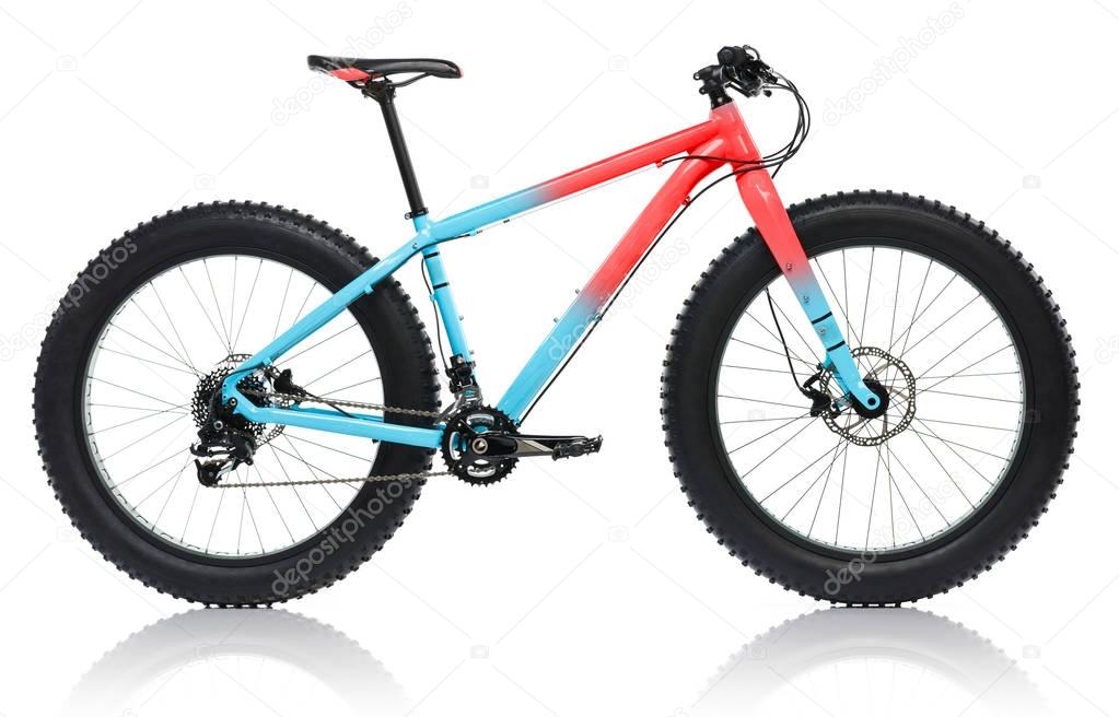 New blue with red bicycle with thick tires for snow ride isolate