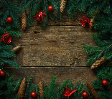 Noel ağacı dalları ile koni ve Noel süsleri 