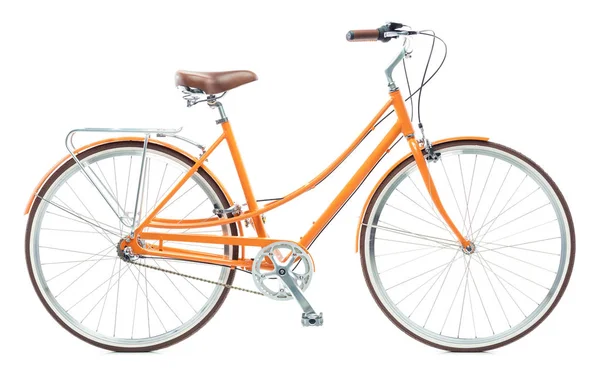 Şık Bayan turuncu bisiklet üzerinde beyaz izole — Stok fotoğraf