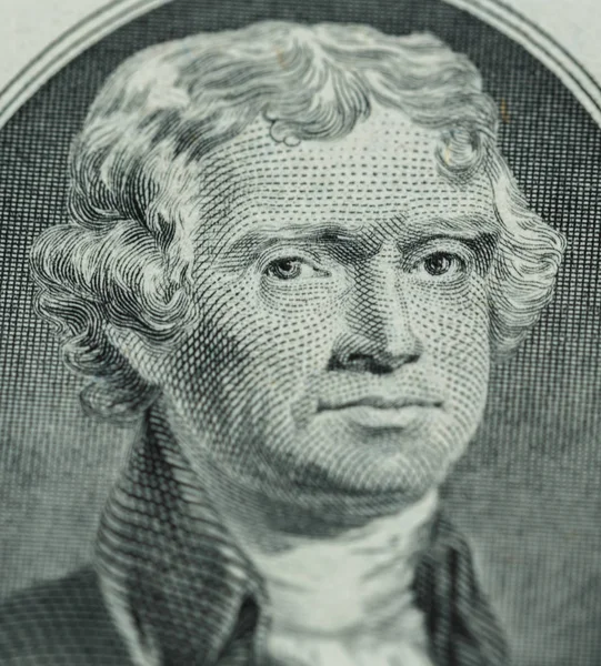 President Thomas Jefferson face on us two dollar bill closeup ma — Stock Photo, Image