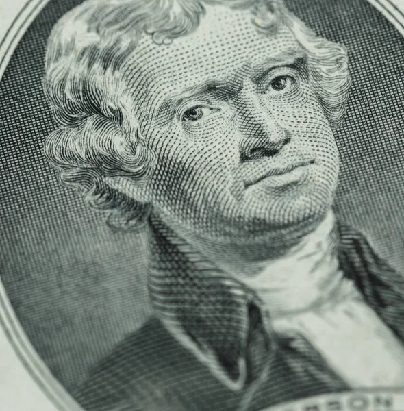 Prezydent Thomas Jefferson twarz na nas dwóch dollar bill ma zbliżenie — Zdjęcie stockowe