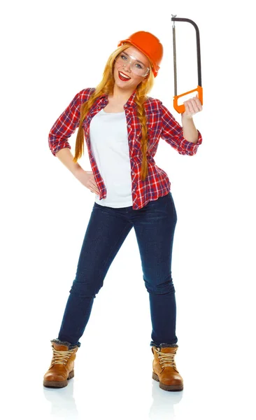 Young woman in helmet with the work tools on a white — Stock Photo, Image