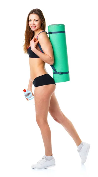 美丽的运动的女人垫健身和瓶水我 — 图库照片