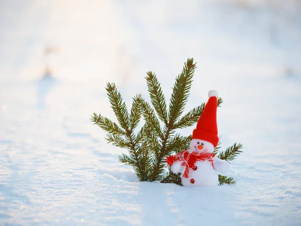 Glücklicher Schneemann, der in der Winterweihnachtslandschaft steht. — Stockfoto