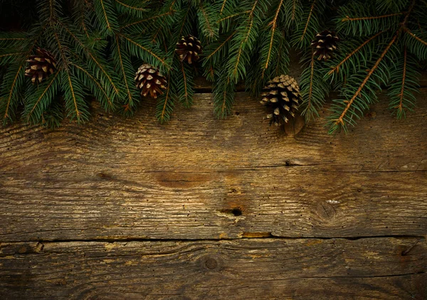 Ramas de árbol de Navidad en textura de madera — Foto de Stock