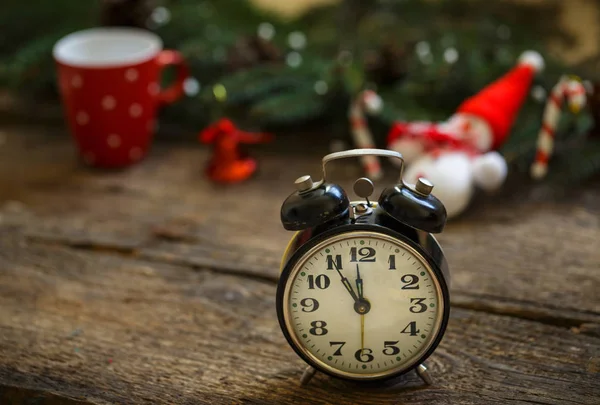 Vintage alarm clock on christmas background — Stock Photo, Image