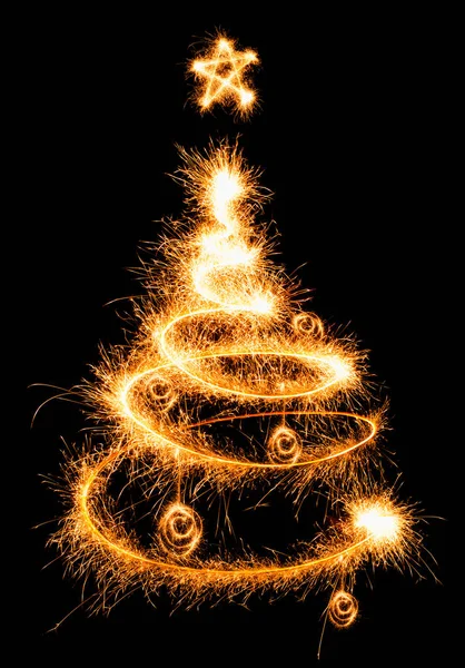 Christmas tree made by sparkler on a black — Stock Photo, Image